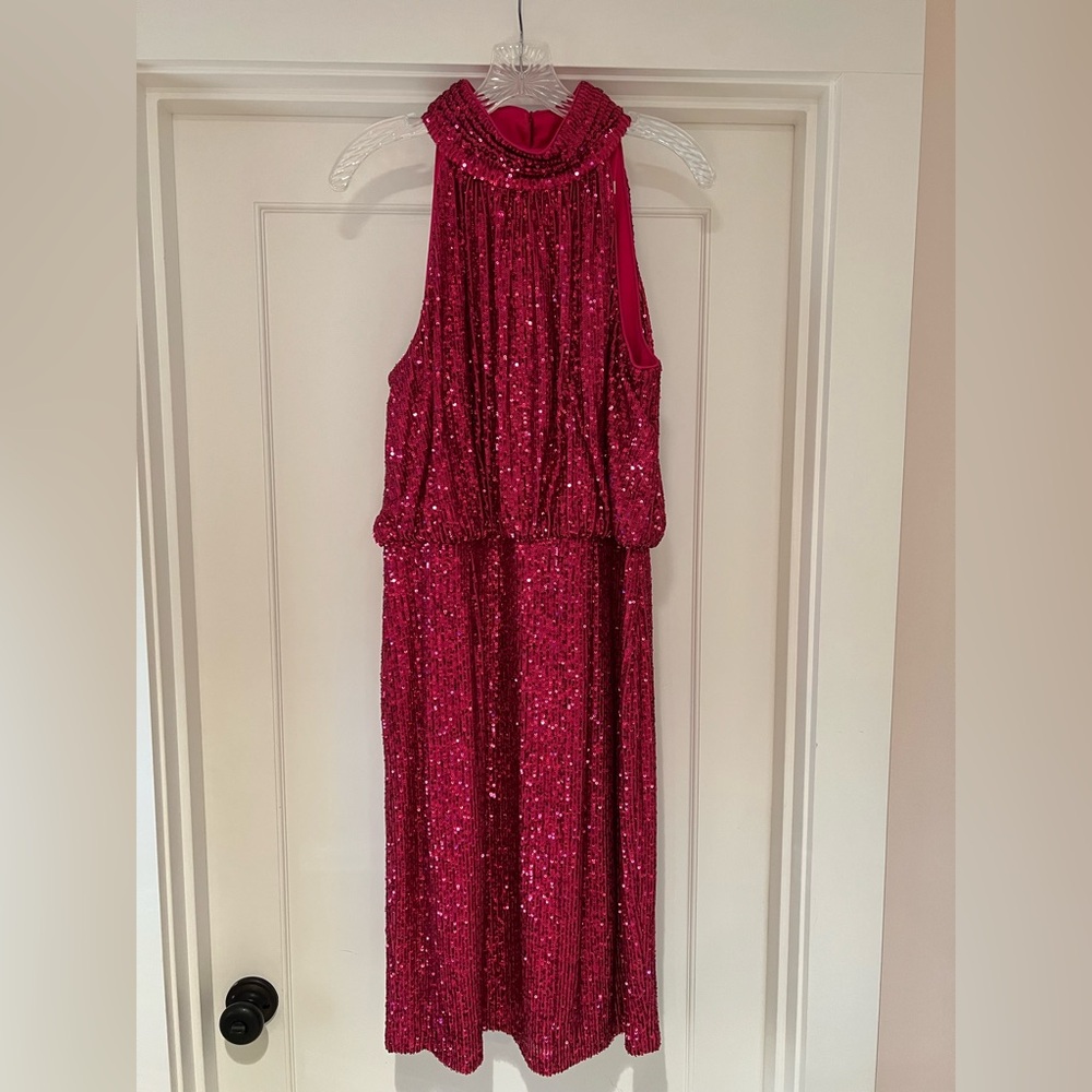 Eliza J Hot Pink Halter Neck Sequin Dress